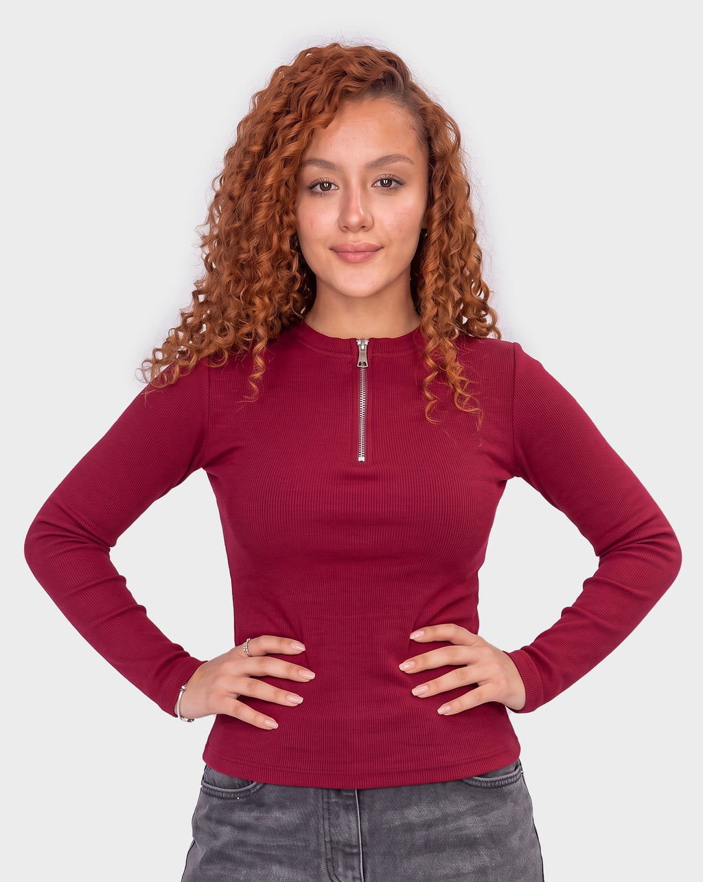 Ribbed Zip-Up Long Sleeve Top