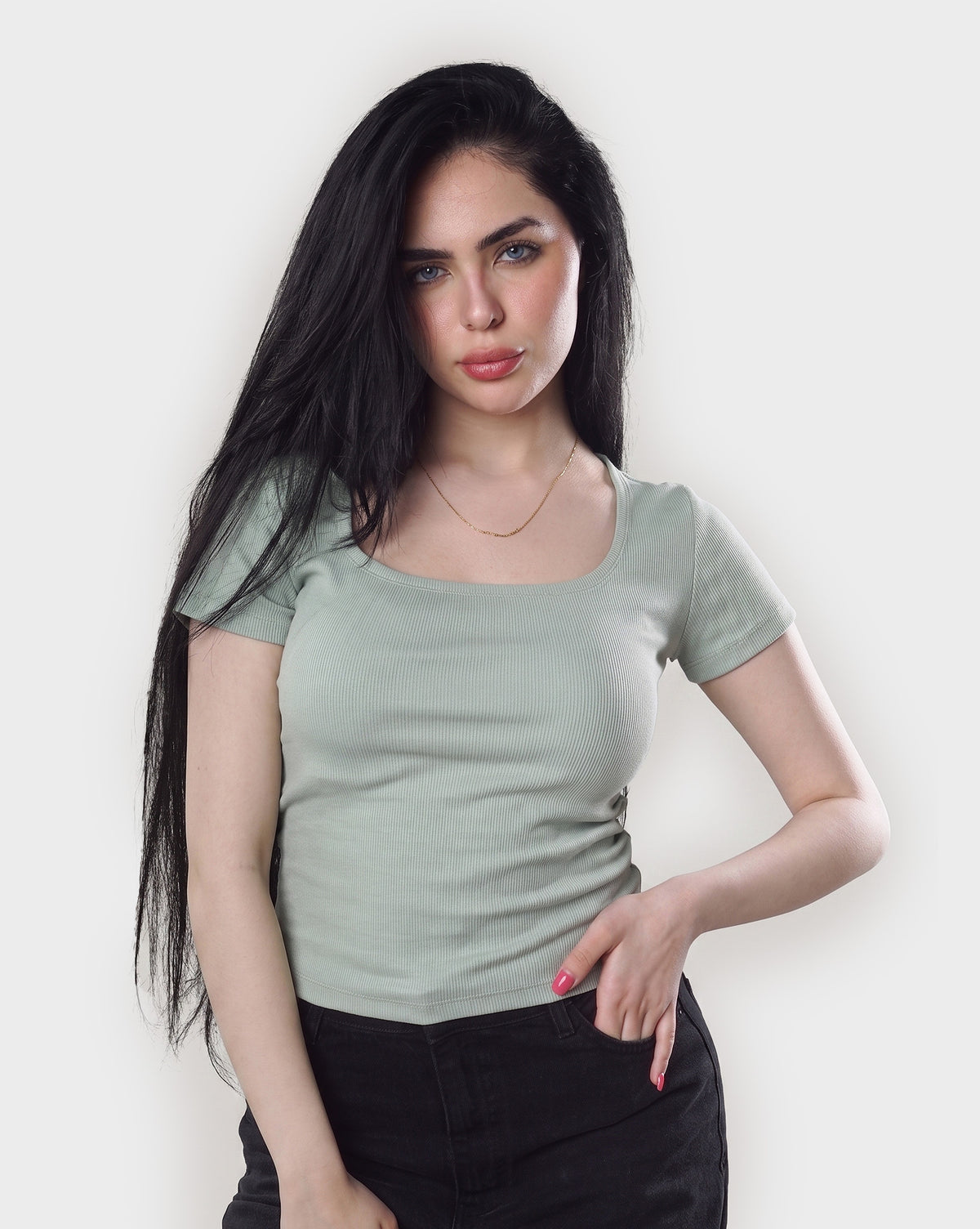 Ribbed Square Neck Half Sleeve Top
