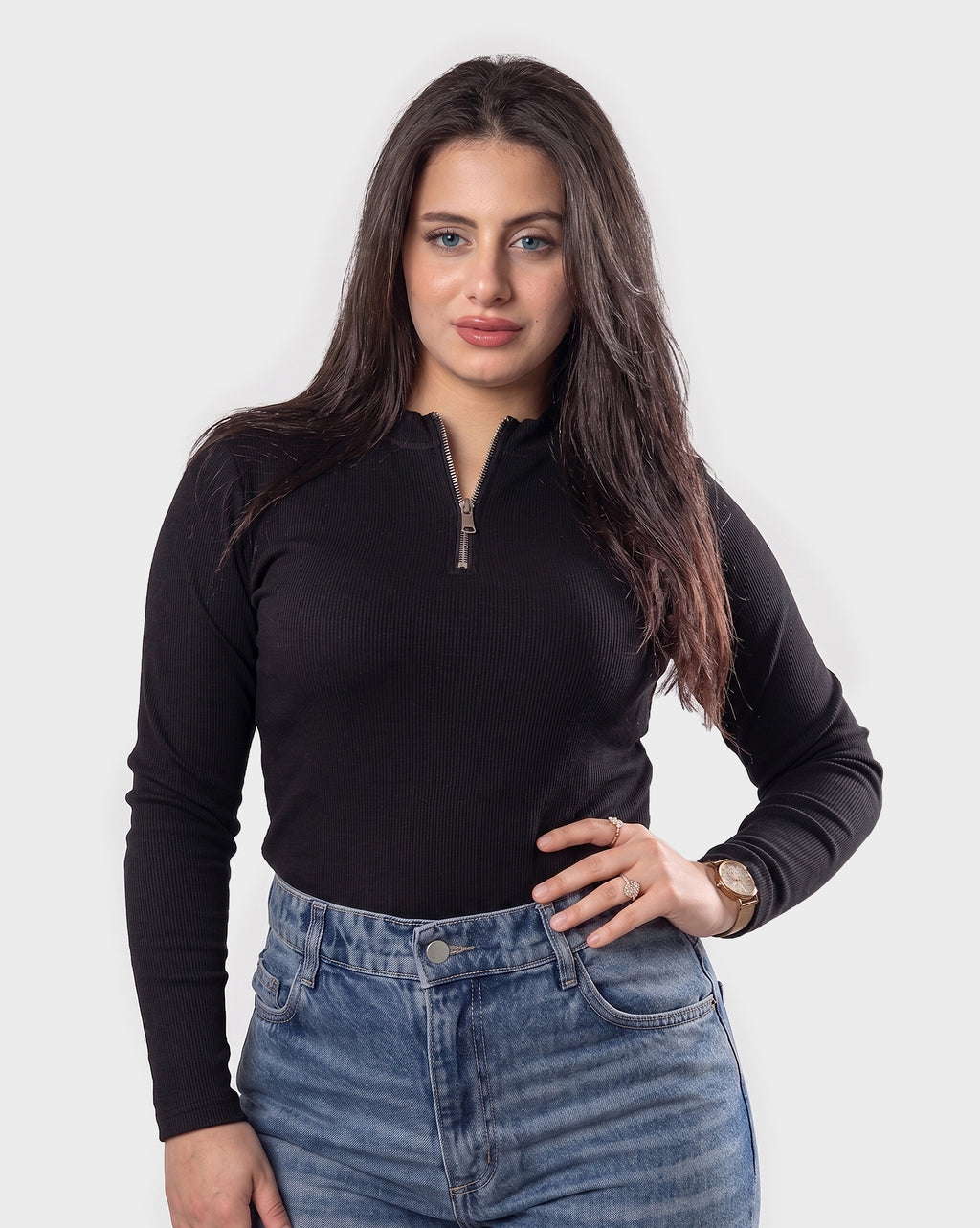 Ribbed Zip-Up Long Sleeve Top