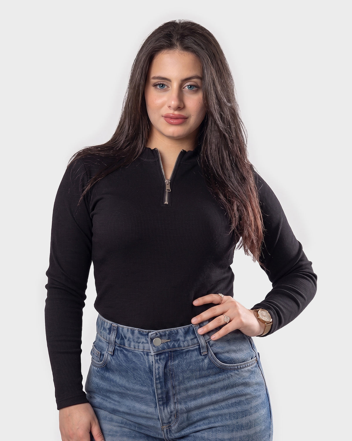 Ribbed Zip-Up Long Sleeve Top