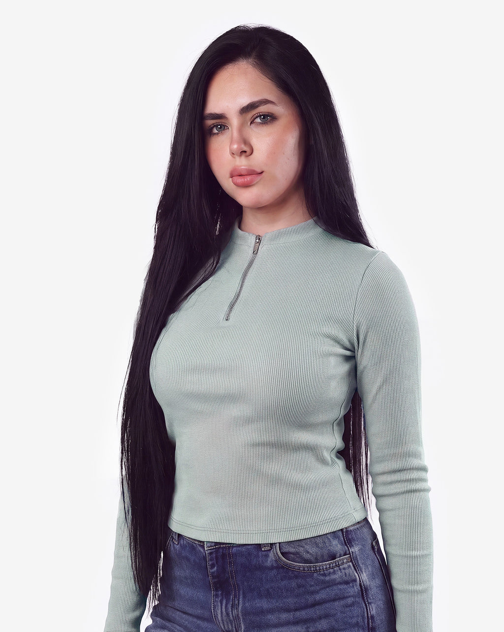 Ribbed Zip-Up Long Sleeve Top