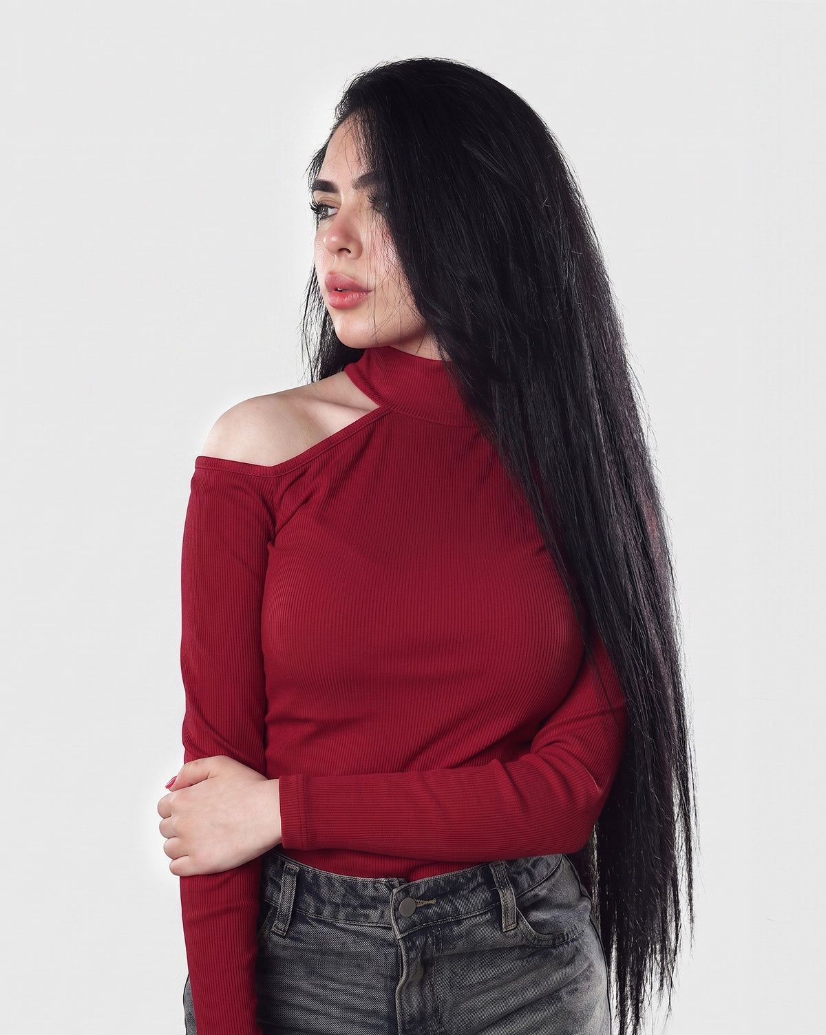 Ribbed Cut-Out Long Sleeve Top