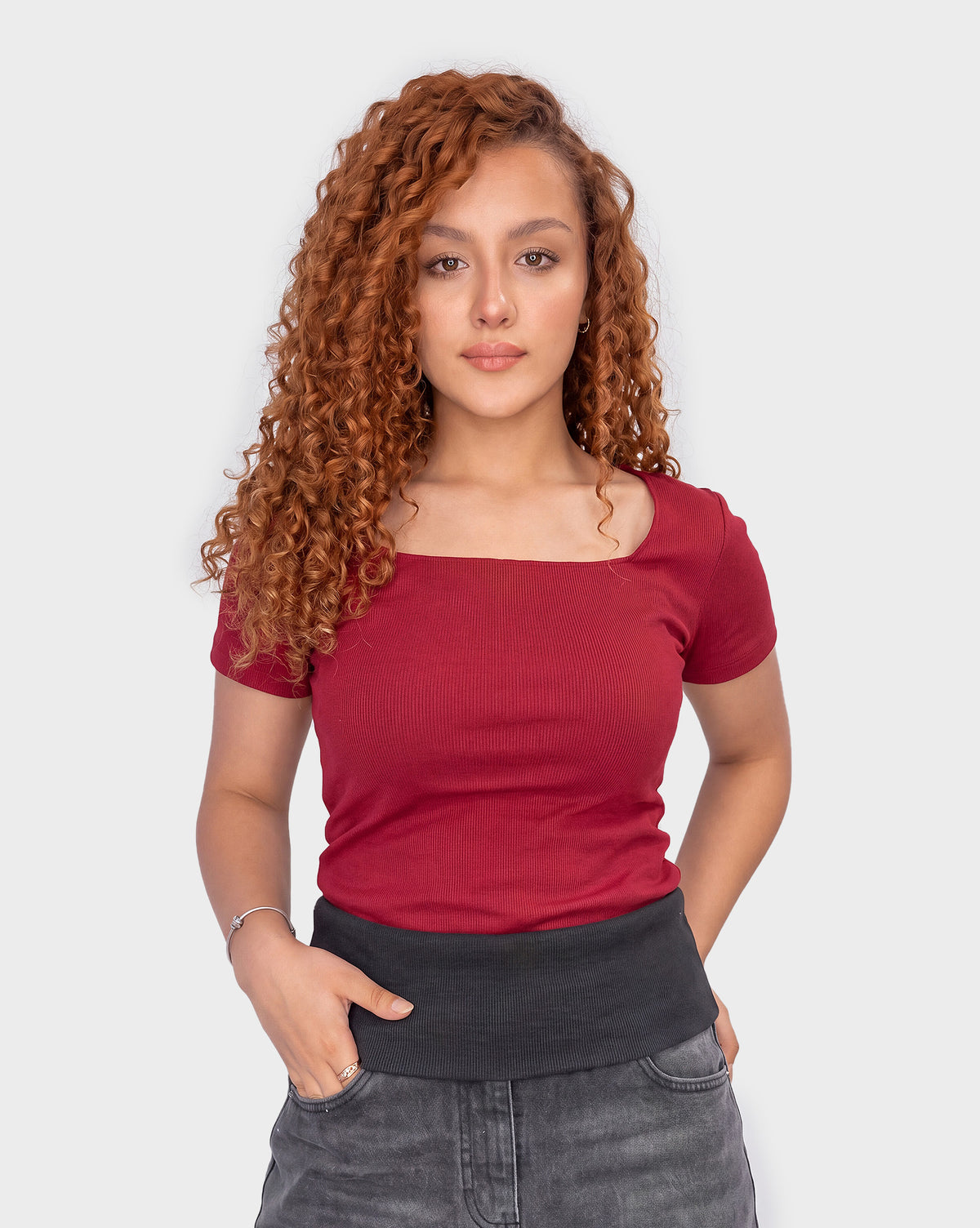 Ribbed Square Neck Half Sleeve Top