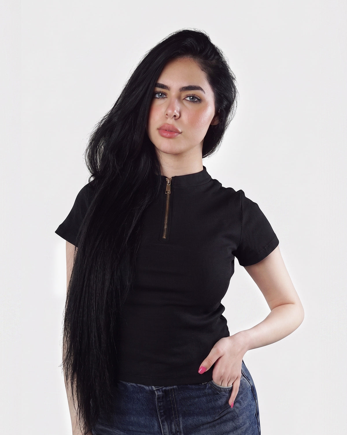 Ribbed Zip-Up half Sleeve Top