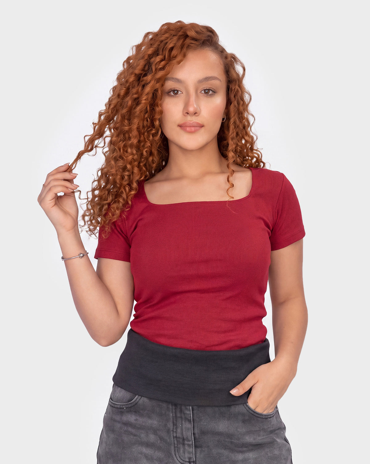 Ribbed Square Neck Half Sleeve Top