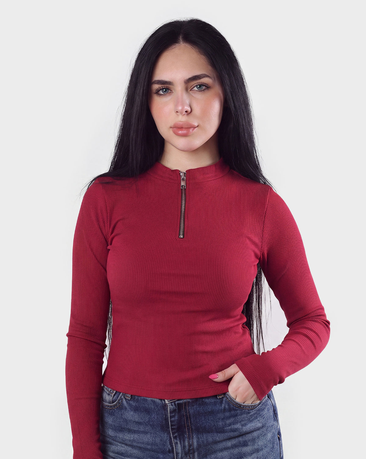 Ribbed Zip-Up Long Sleeve Top