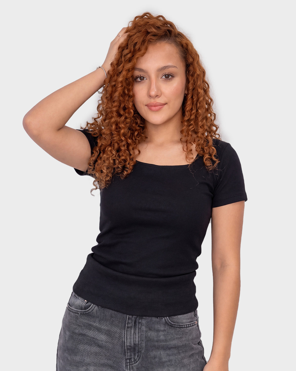 Ribbed Square Neck Half Sleeve Top