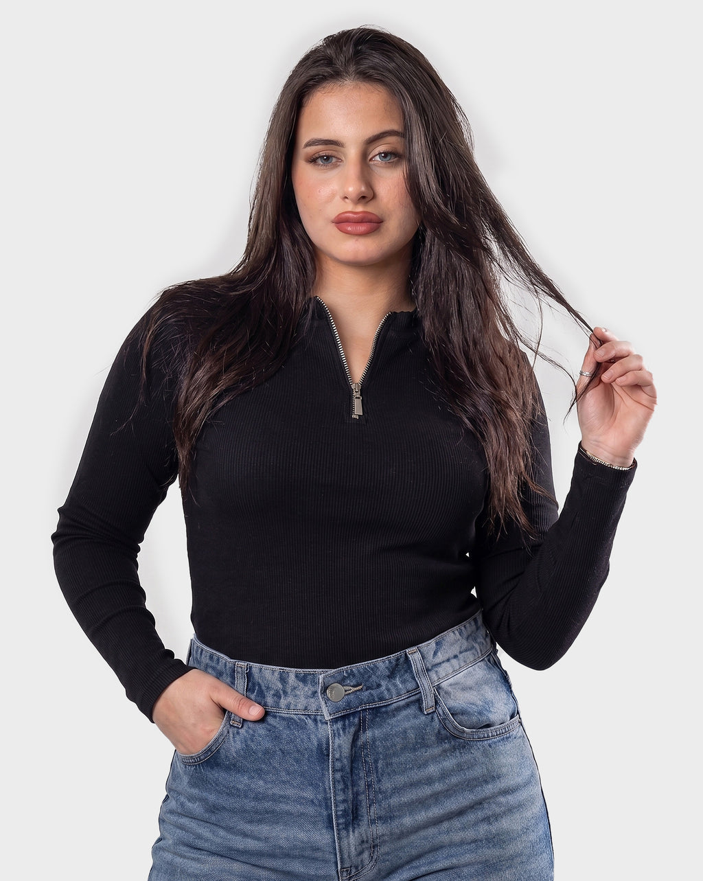 Ribbed Zip-Up Long Sleeve Top