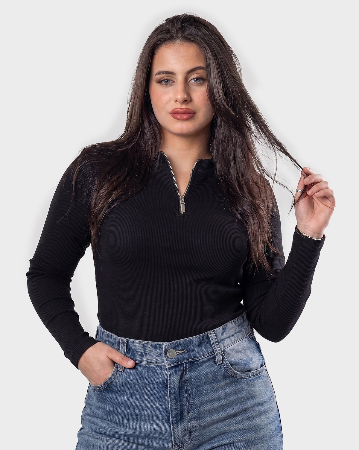 Ribbed Zip-Up Long Sleeve Top