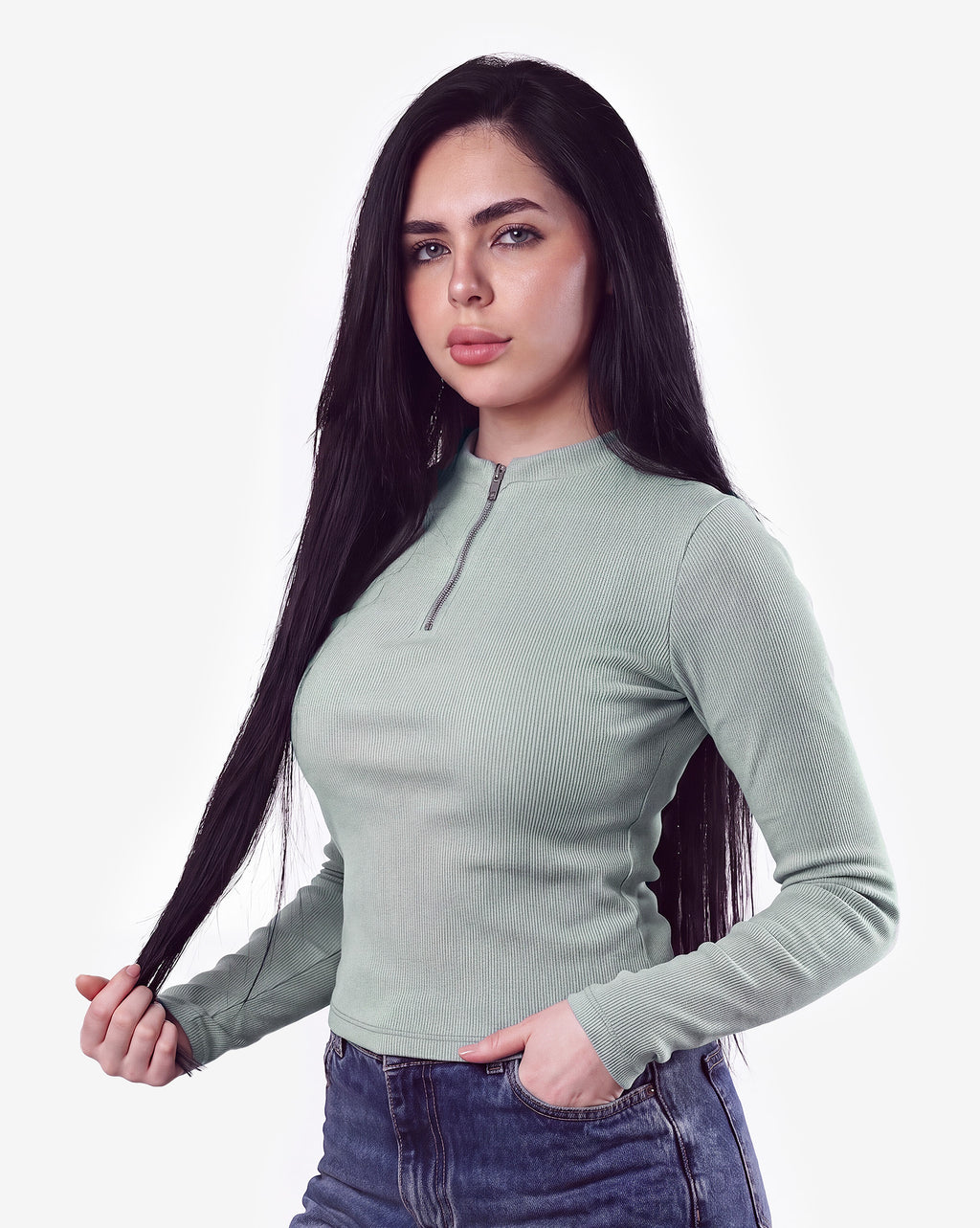 Ribbed Zip-Up Long Sleeve Top