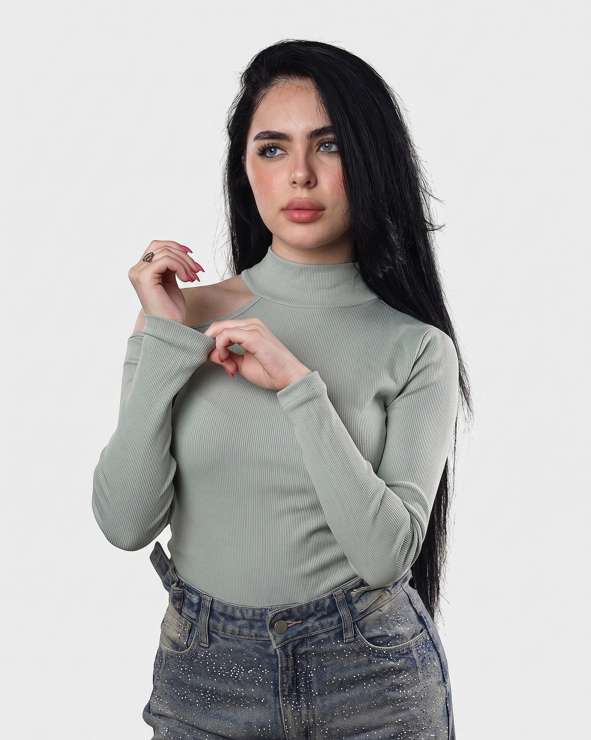 Ribbed Cut-Out Long Sleeve Top