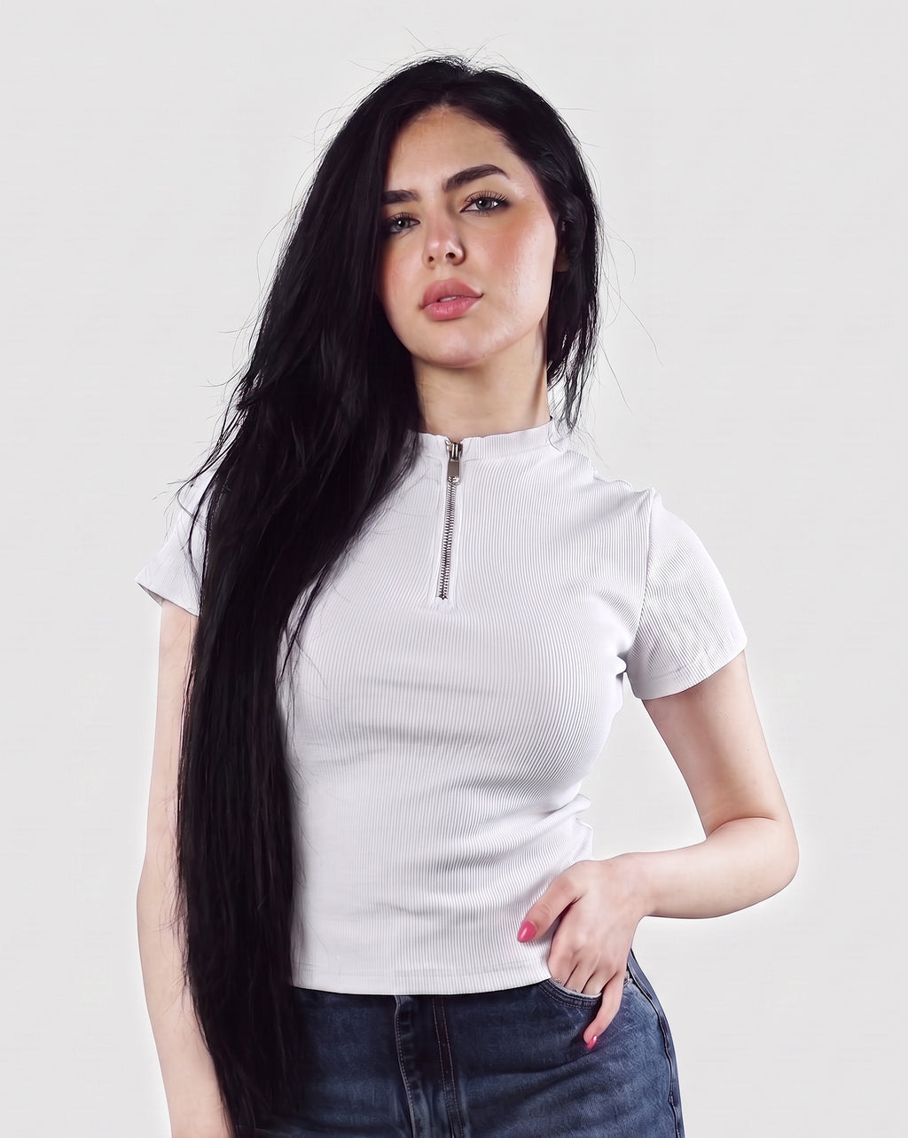 Ribbed Zip-Up half Sleeve Top