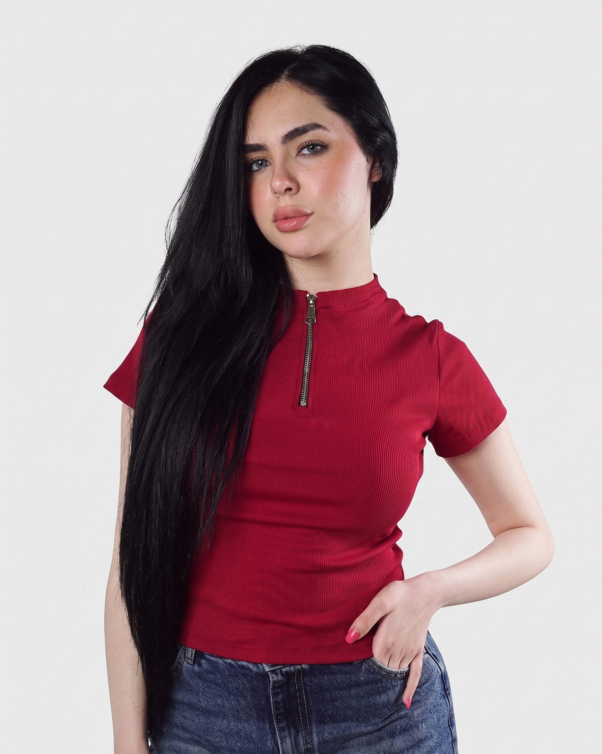 Ribbed Zip-Up half Sleeve Top