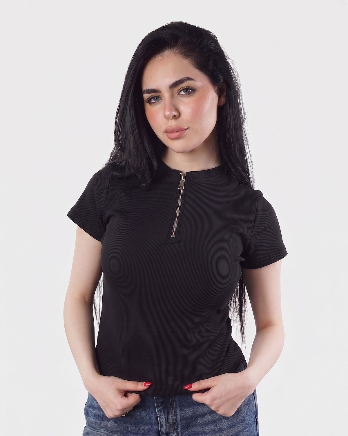 Ribbed Zip-Up half Sleeve Top