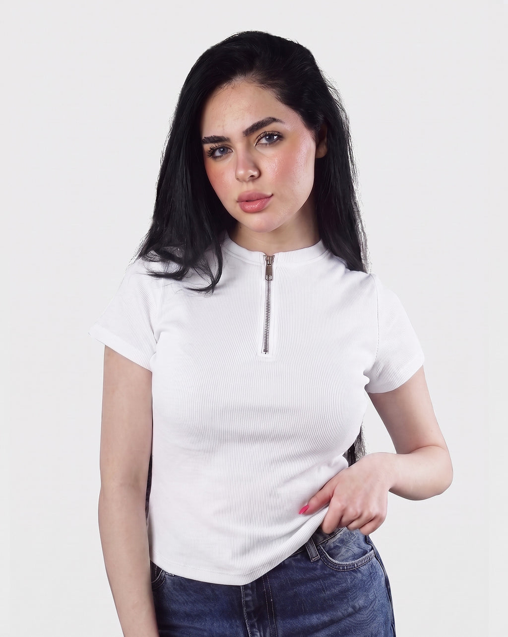 Ribbed Zip-Up half Sleeve Top