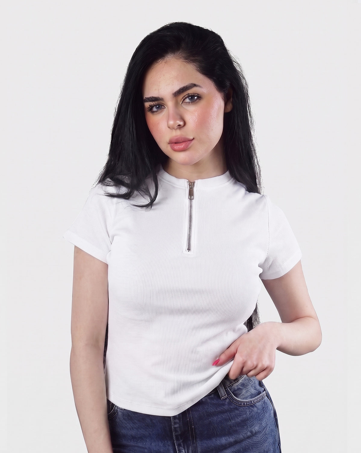 Ribbed Zip-Up half Sleeve Top