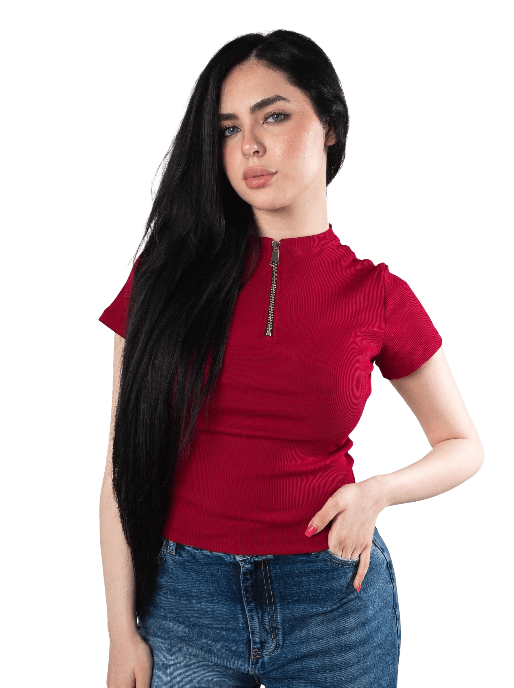 Ribbed Zip-Up Half Sleeve Top - Image 1