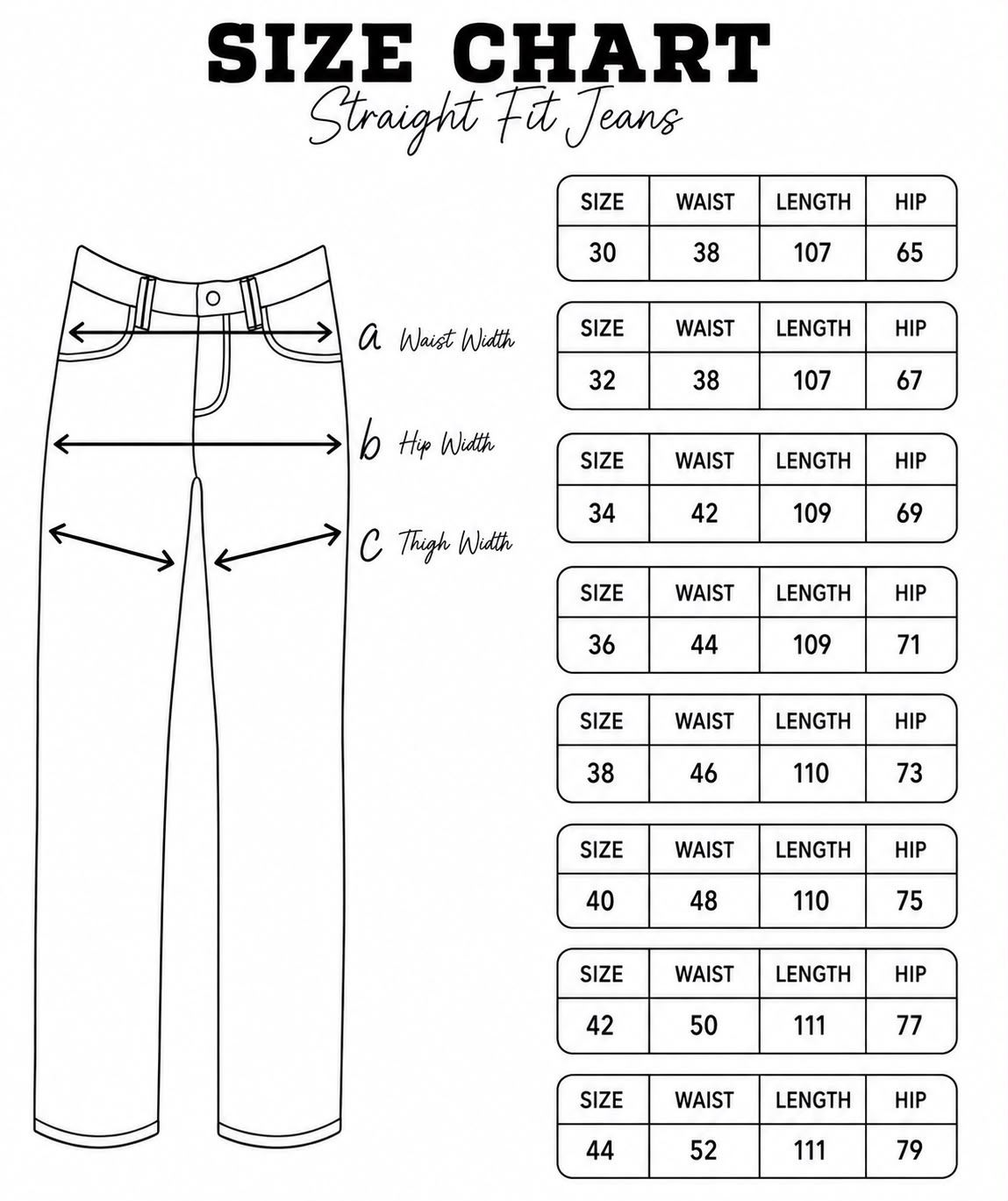 Elyra Denim Size Chart