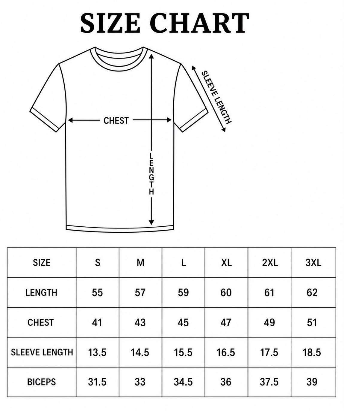 Fitted Half Sleeve Top Size Chart